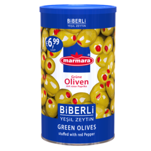 Marmara Kirmizi Biberli Yesil Zeytin 800g - Grüne Oliven, mit roter Paprika 800g